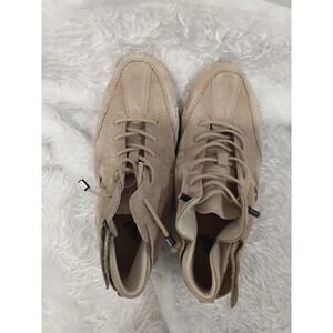LDECK Tan Suede Mid Top Sneakers Lace Up Ankle Strap Ram Logo Size 38
